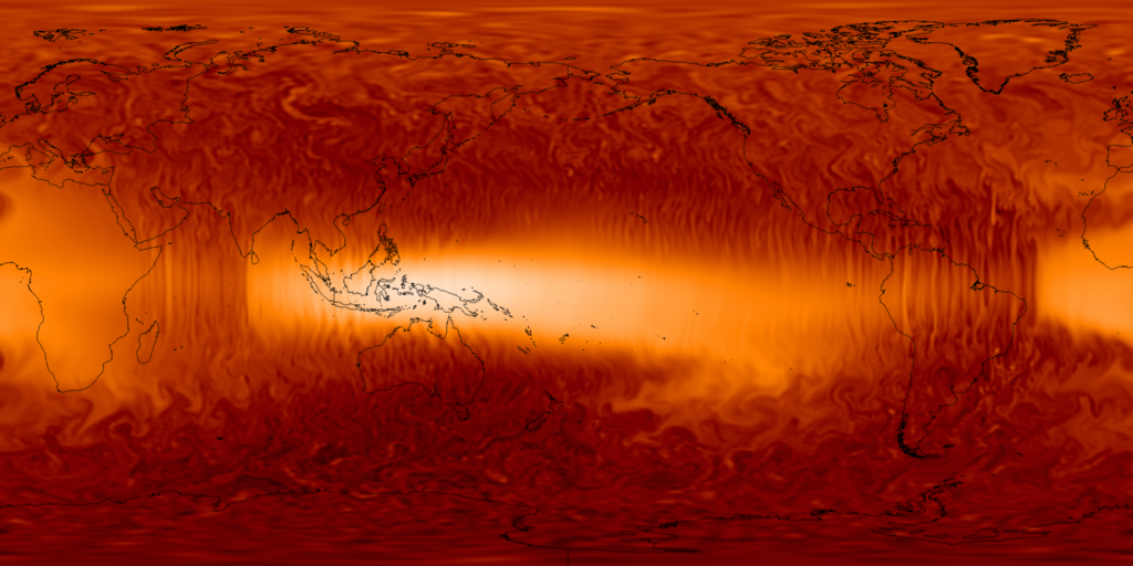 Temperature at the top of the core from a numerical simulation of the Earth. Hot fluid accumulates under Africa and the Pacific ocean due to mantle structure in those regions.