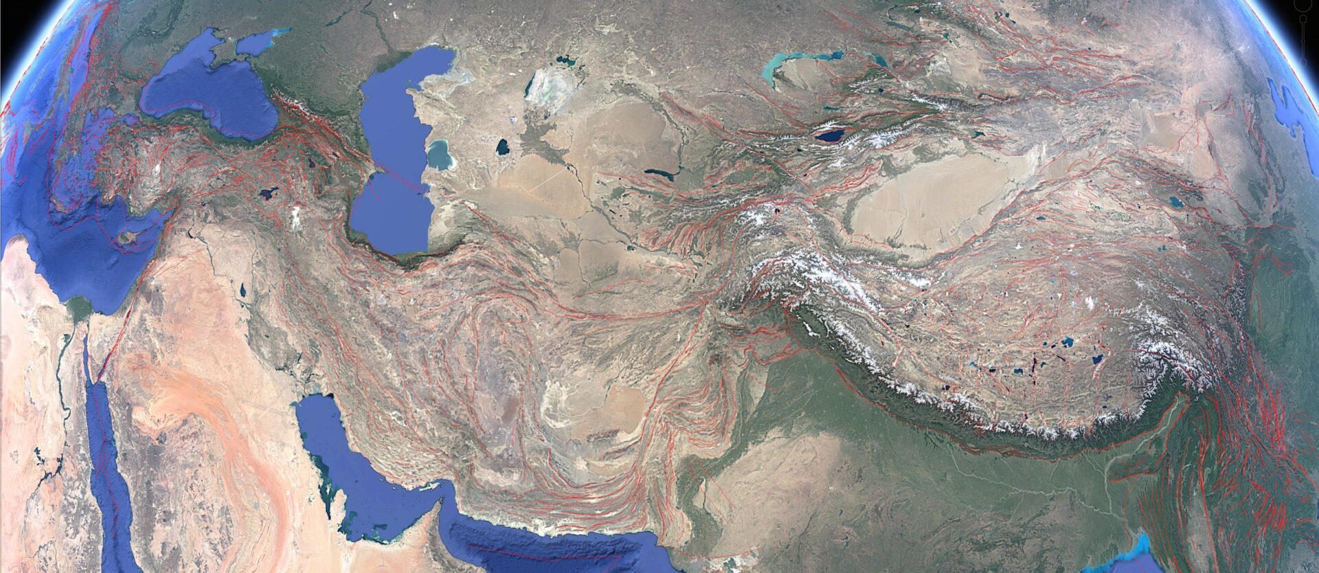 Global view of the Alpine-Himalayan Belt with active faults marked as viewed in google Earth, illustrating the wide distribution of active tectonics and faulting across this large mountainous terrain. 