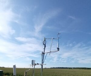 A picture of one of the three eddy covariance flux towers currently operating at the University of Leeds Farm