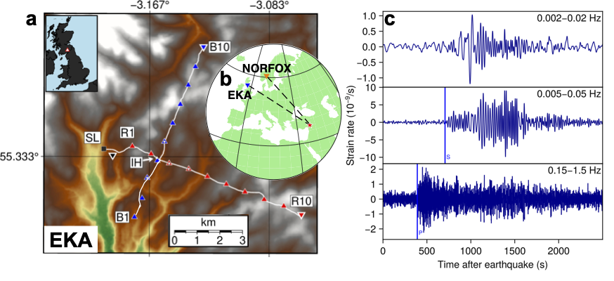 Map of the EKA seismic array, and of seismic data recorded there from an earthquake in Turkey in 2023