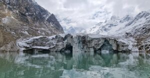 The calving face of Thulagi Glacier in Nepal, taken from a boat in the lake