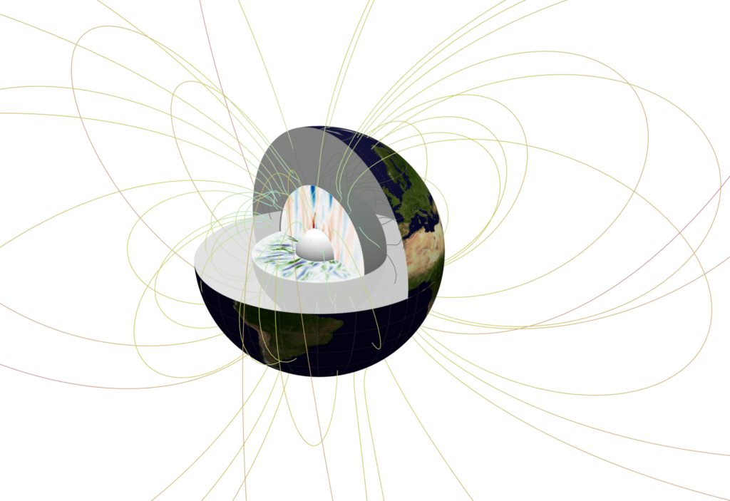 Numerical simulation of convection and the core showing how the generated magnetic field spreads out beyond the Earth