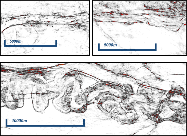 Top: 3D seismic extractions of a volcaniclastic submarine channel-fill, Taranaki Basin, New Zealand. Below: 3D seismic extraction of a siliciclastic submarine channel-fill in the same area. Courtesy of OMV New Zealand.