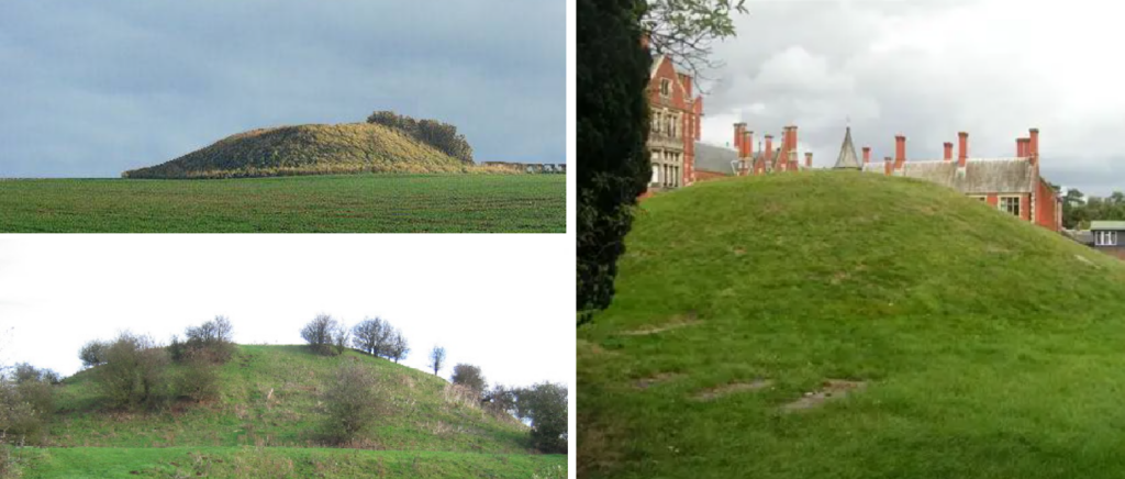 Examples of three archaeological mounds in the UK.